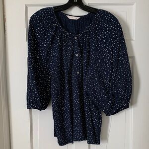 Lauren Conrad navy blue with white polka dots button up top
3/4” sleeves 
Size M